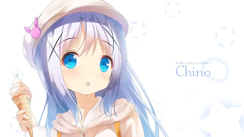blue hair, Kafuu Chino, loli, Gochuumon wa Usagi Desu ka, white background, simple background, white skin, 1080P, fan art, blue eyes, Gochuumon wa Usagi Desu ka?