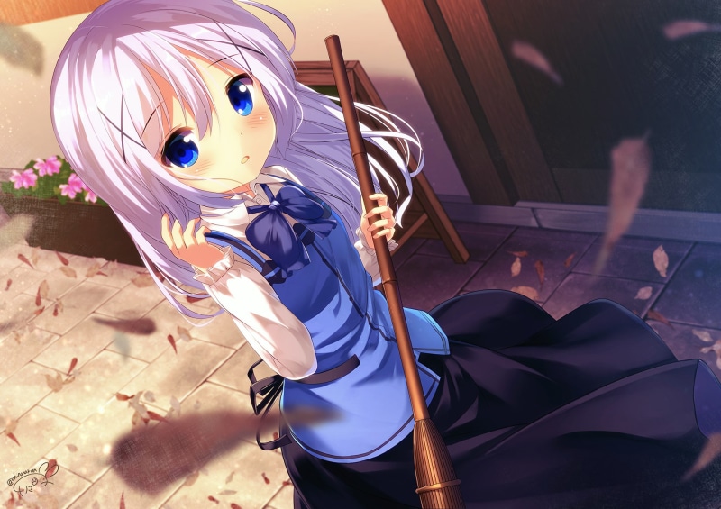 anime, spring, anime girls, 1080P, Gochuumon wa Usagi Desu ka, Kafuu Chino, fan art, flowers, Gochuumon wa Usagi Desu ka?, maid, white hair, maid outfit
