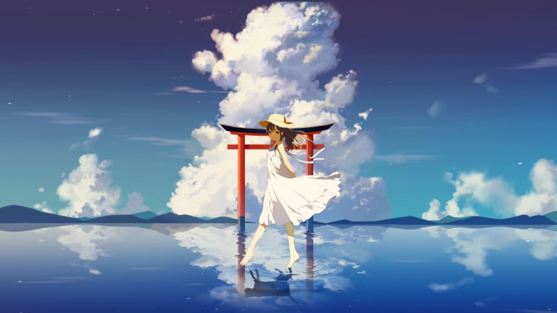 water, dress, outdoors, white dress, clouds, reflection, anime girls, barefoot, 1080P, anime, sky