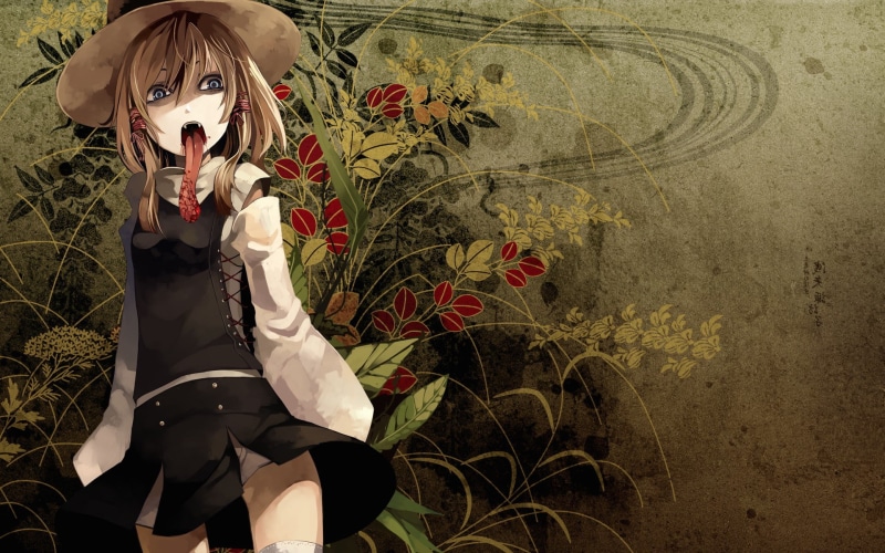 young adult, gray, real people, day, nature, obscured face, dress, Moriya Suwako, holding, black, women, illustration, Touhou, wall - building feature