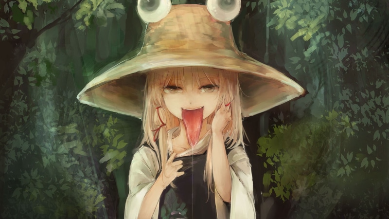 short hair, tree, art and craft, ribbon, Touhou, 1080P, brown, real people, Moriya Suwako, anime, green color, bangs, trees, creativity, anime girls, obscured face