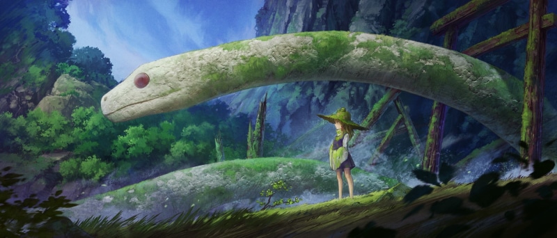 scenics - nature, forest, Anime, adventure, tranquil scene, tree, tranquility, cave, snake, day, green color, sculpture, motion, nature, water, representation