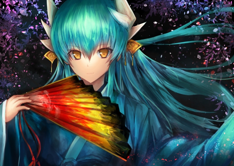 long hair, 1080P, blue hair, yellow eyes, anime girls, anime, Japanese clothes, horns, Fate/Grand Order, Fate Series