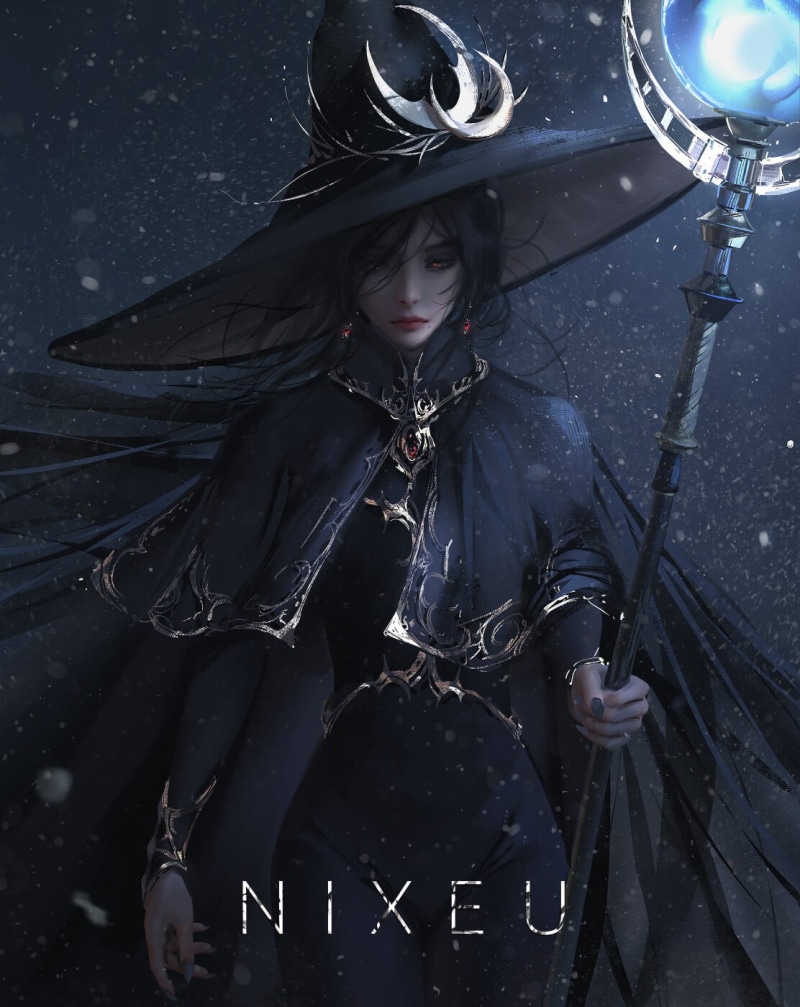 snow, staff, night, fantasy art, drawing, 720P, women, Nixeu, hat, black clothing