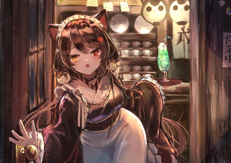 Nijisanji, anime, long hair, cafe, drink, brunette, Virtual Youtuber, Hololive, maid outfit, fan art, paper lantern, cat ears, cat girl, 4K, Japanese kimono