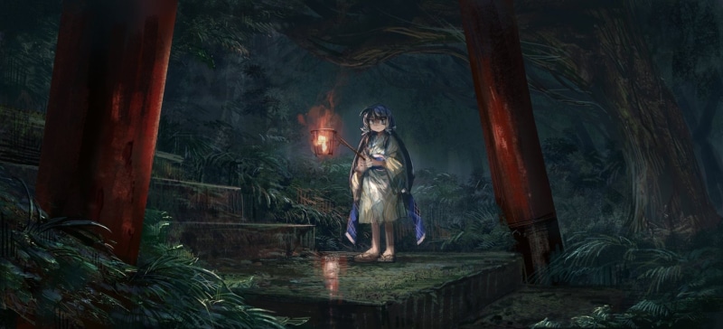 Forest, Anime, Night, Dark, Latern, Japanese Clothes, Original, 1080P, Girl, Torii