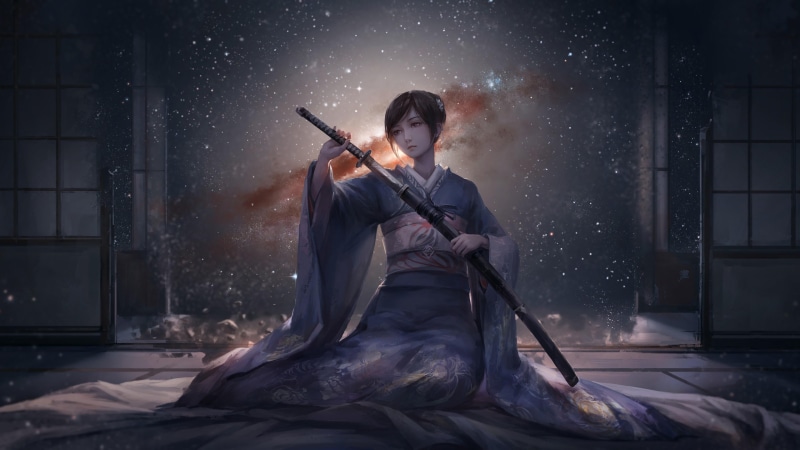 milky way, artist, young men, illustration, kimono, nature, stars, sitting, clothing, holding, darkness, winter, room, adult, one person, sword, musician