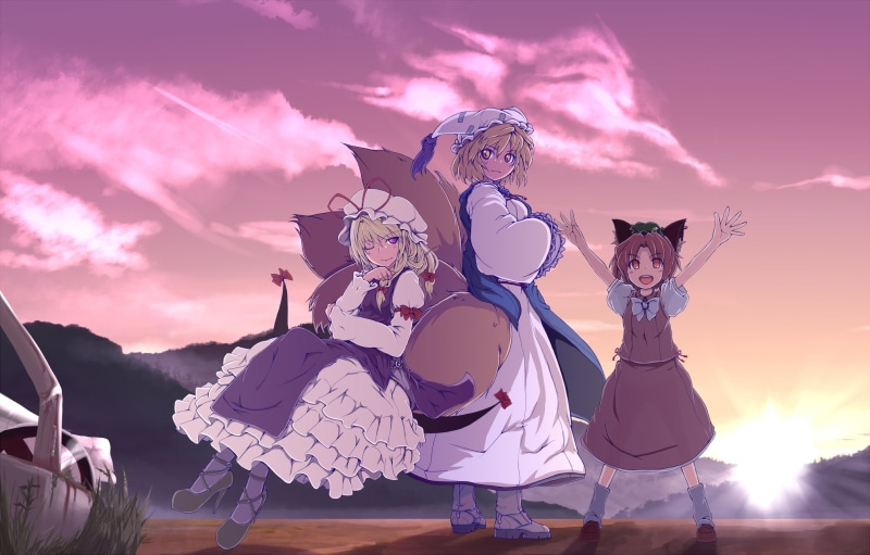 anime girls, Yakumo Ran, Touhou, animal ears, tail, 2K, Yakumo Yukari, Chen, dress