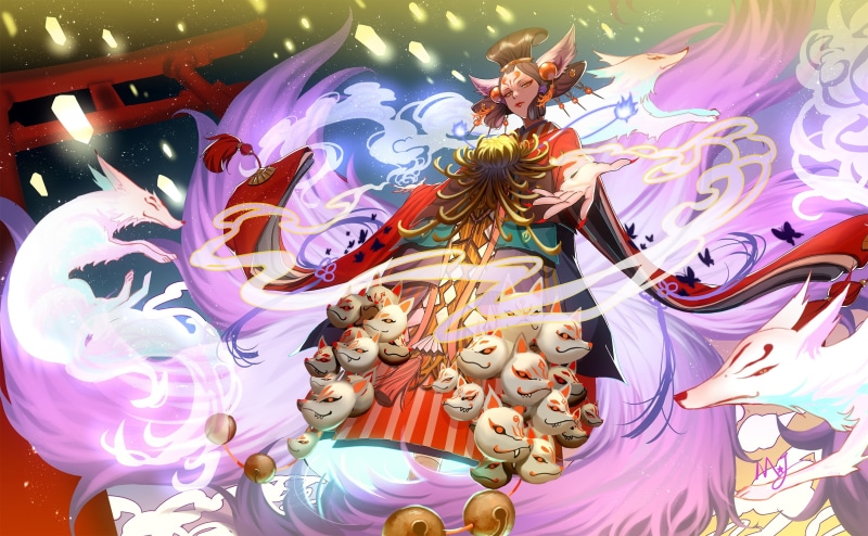 eyes, orange, animal, (onmyouji), multiple, tail, mae, brown, mask, tamamo, ears, 251004, 2K, signed, tails, majiang, com, torii, fox, foxgirl, konachan