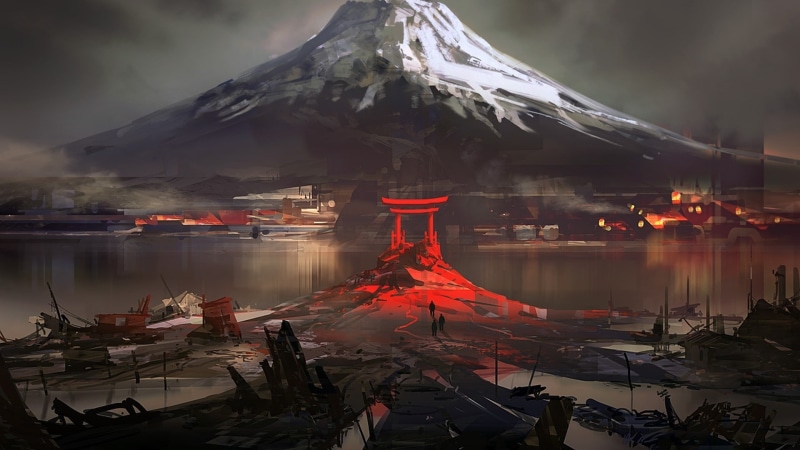 snow, water, Japan, house, digital art, winter, nature, Ruin, mountain, drawing, 1080P, Torii