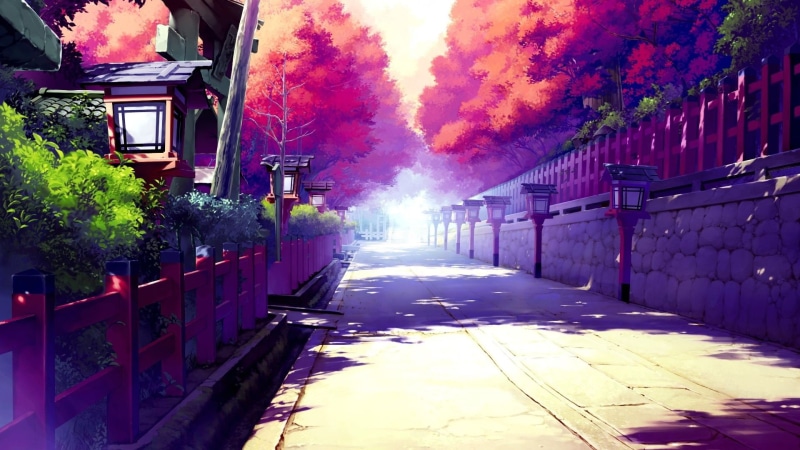 autumn, streets, akizora ni mau, ueda ryou, shadows, fences, sunlight, nature, hd, torii, trees, lanterns, scenic, 1080P, artwork