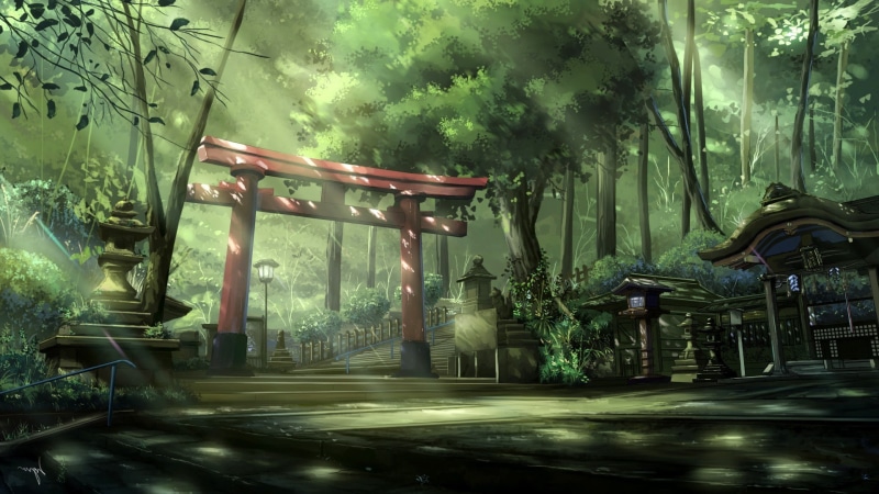 spirituality, place of worship, growth, anime landscape torii sun rays forest asian architecture steps trees, built structure, nature, forest, green color