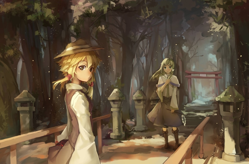 2K, forest, moriya, sanae, tree, skirt, hat, touhou, hair, short, blue, suwako, boots, eyes, kochiya, torii, green, blonde, miko, girls, long