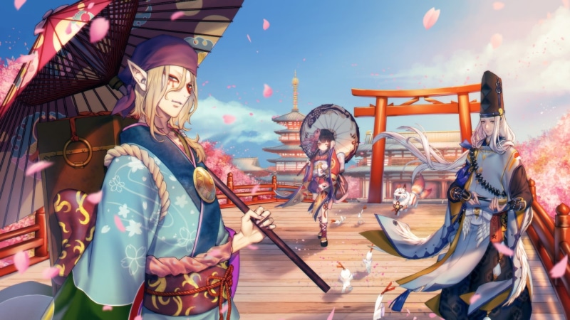 women, outdoors, japanese buildings, real people, amusement park ride, festival, cherry blossom, nature, side view, sky, carousel, kimono, men, leisure activity