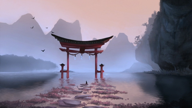 torii, cats, 1080P, lake, Laura Ortega, landscape, anime