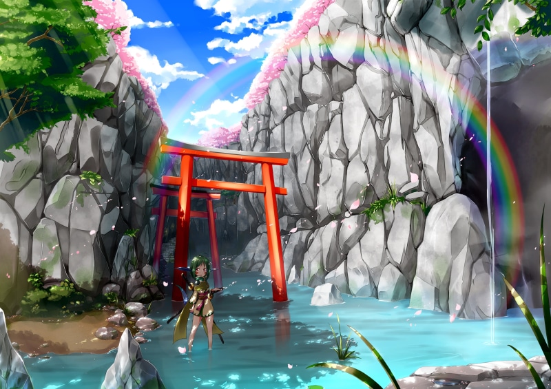 anime girl, sunlight, sakura blossom, torii, sky, rocks, swimming pool, belief, table, water, Anime, nature, art and craft, plant, decoration, waterfront
