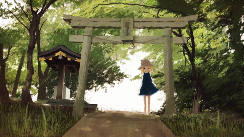 eyes, short, torii, hair, shizuki, tree, moriya, green, grass, forest, 1080P, dress, suwako, hat, touhou, scenic, blonde, barefoot