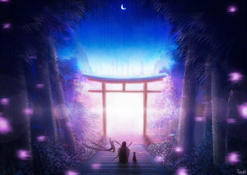 solitude, night, art, torii, warrior, 4K