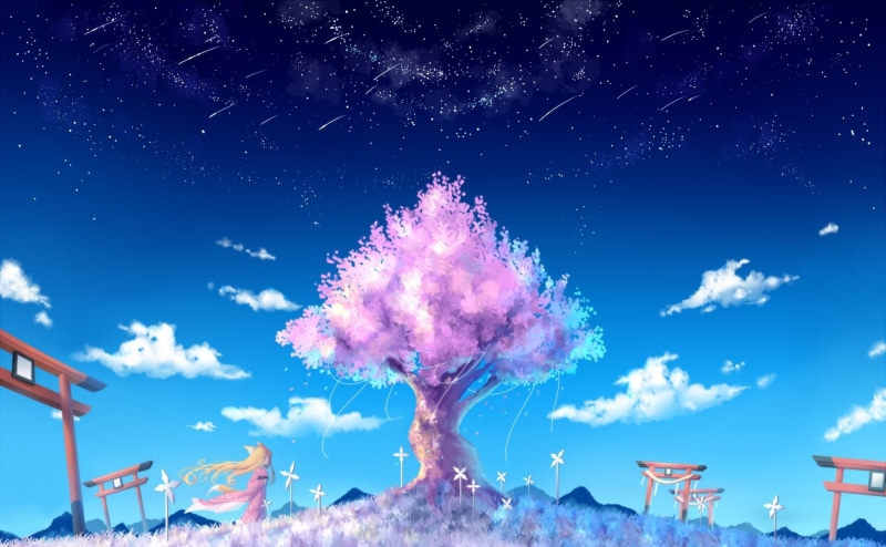 cherry, long, petals, nongqiling, hair, original, blossoms, tail, 1080P, ears, torii, tree, grass, clouds, stars, animal, blonde, sky