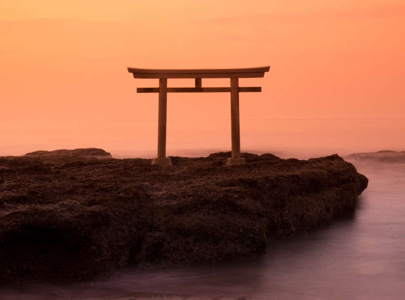 silhouette, water, scenics - nature, solid, beauty in nature, orange color, sea, Waves, rock, sunset, religion, arch, oarai, land, belief, tranquility