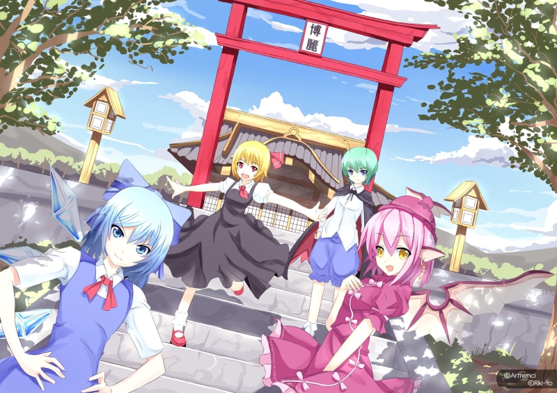 dress, fang, 2K, wings, strated, cirno, touhou, clouds, rizky, torii, rumia, sky, nightbug, lorelei, bow, mystia, cape, wriggle