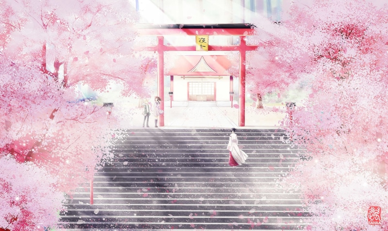 Shrine, Long Hair, Noragami, Yukine (Noragami), Dress, red, illustration, Petal, Anime, gate, Brown Hair, 720P, Cherry Blossom, torri, Yato (Noragami)
