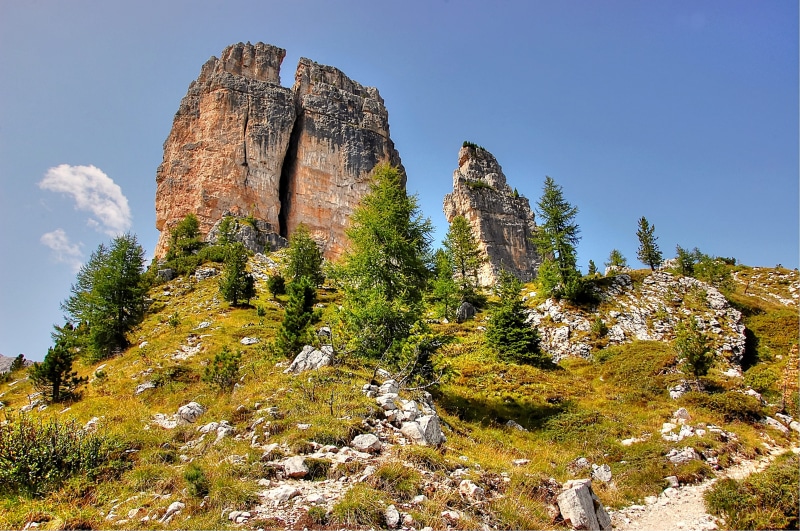 rock - object, scenics - nature, tranquil scene, solid, unesco world heritage, eroded, cinque torri, the falzarego pass, physical geography, semi-arid