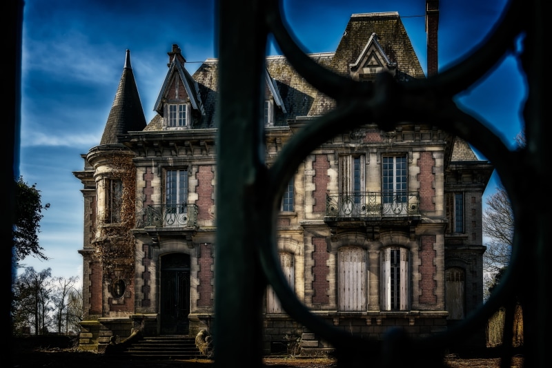 brown, abandoned places, spooky, dark, shadow, day, wrought iron, spirituality, concrete, old, grid, low angle view, goal, sky, ornament, architecture