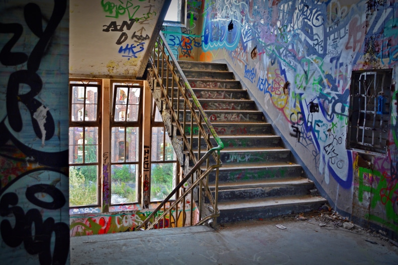 abandoned, mural, text, built structure, steps and staircases, staircase, architecture, railing, no people, wall, donwstairs, creativity, 5K, iron, street art