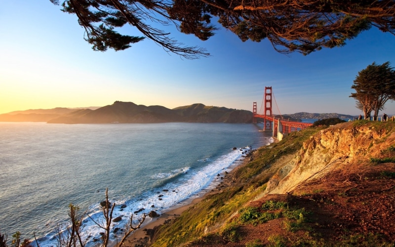golden gate, no People, sky, tower, famous Place, golden Gate Bridge, built Structure, transportation, uSA, water, bridge, plant, tree, bridge - Man Made Structure