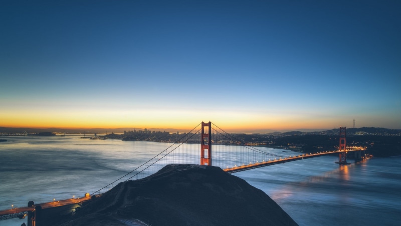 illuminated, travel, sunset, sky, San Francisco, architecture, skyscraper, york, gate, travel destinations, outdoors, dusk, bridge, 1080P, Golden Gate Bridge