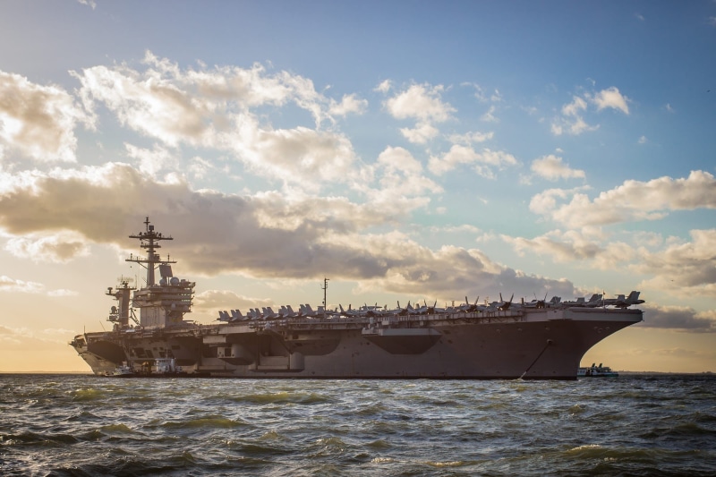 USS George H.W. Bush (CVN-77), nautical vessel, motion, sea, aircraft, mode of transportation, sky, sunset, ship, horizon over water, outdoors, nature