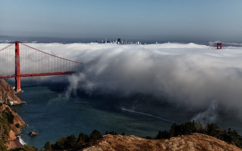 red, San - Francisco photo, gate, fog, bridge, USA, golden, 1080P, Golden Gate Bridge, city
