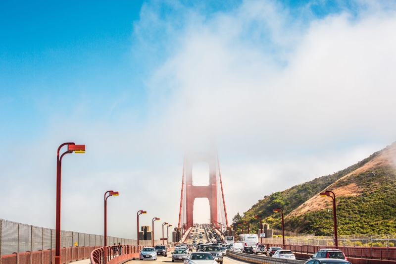 architecture, driving, cloudy, urban Skyline, Pillars, cloud - sky, suspension Bridge, car, no people, traffic, california, street light, nature, bridge