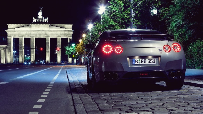 1080P, hd, night, brandenburg, berlin, vehicles, r, gate, cars, technology, art, roads, gtr, nissan