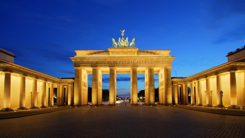 the sky, capital, Brandenburg, lights, 1080P, gate, Germany, Berlin, the evening