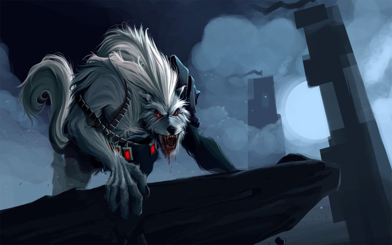 league of legends, rock, art, 1080P, wolf, blood, warwick, mouth, the moon