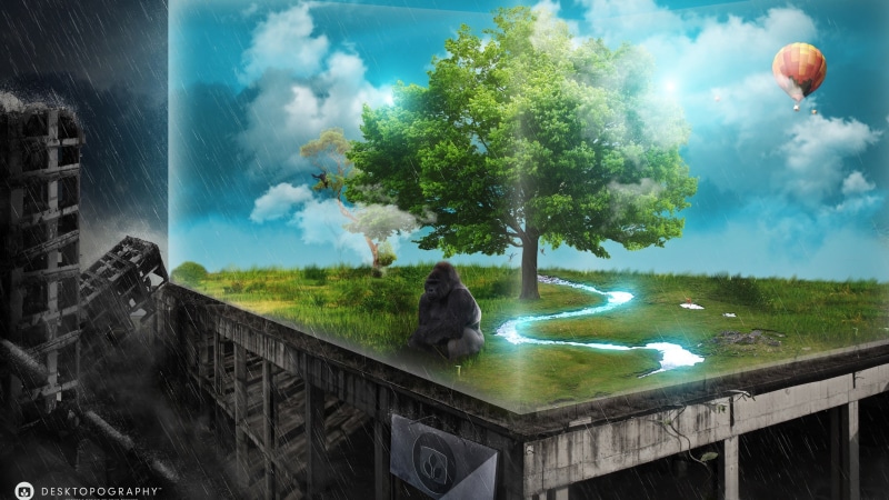 architecture, day, art and craft, building, sky, monkey, outdoors, cubic, trees, Desktopography, nature, human representation, plant, ruin, representation