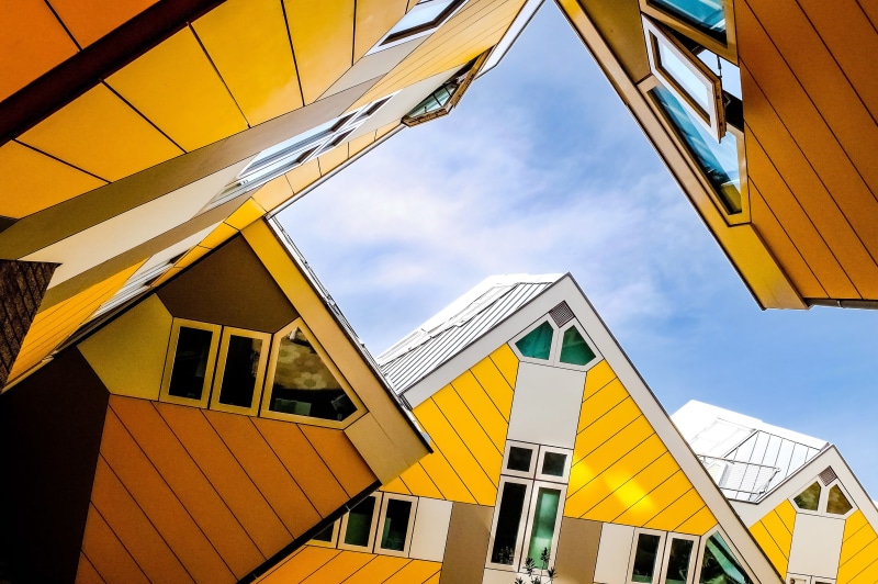 house, rotterdam, office building exterior, 4K, no people, cubic house, city, office, built structure, industry, nature, architecture, home, holland, cloud - sky