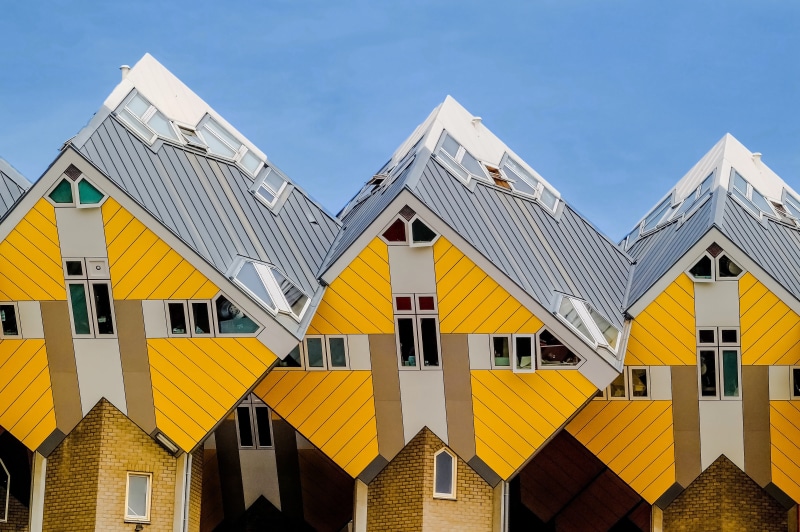 kubuswoningen, day, nature, yellow, outdoors, in a row, three, modern, city, holland, row house, no people, europe, residential district, geometric shape