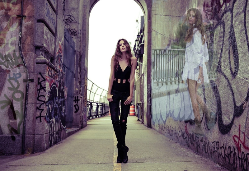 portrait, legs, beautiful woman, looking at camera, women, black, street, built structure, photo manipulation, adult, jump, beauty, neck, brunette, s, young women