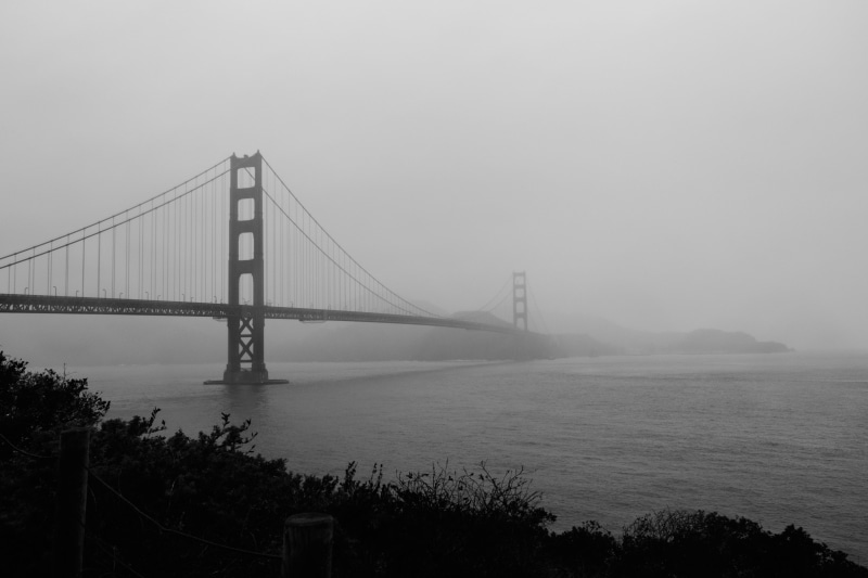fuji, sky, 16-50, fujifilm, golden gate bridge, cali, fog, sea, united states, bridge - man made structure, landmark, architecture, transportation, black and white