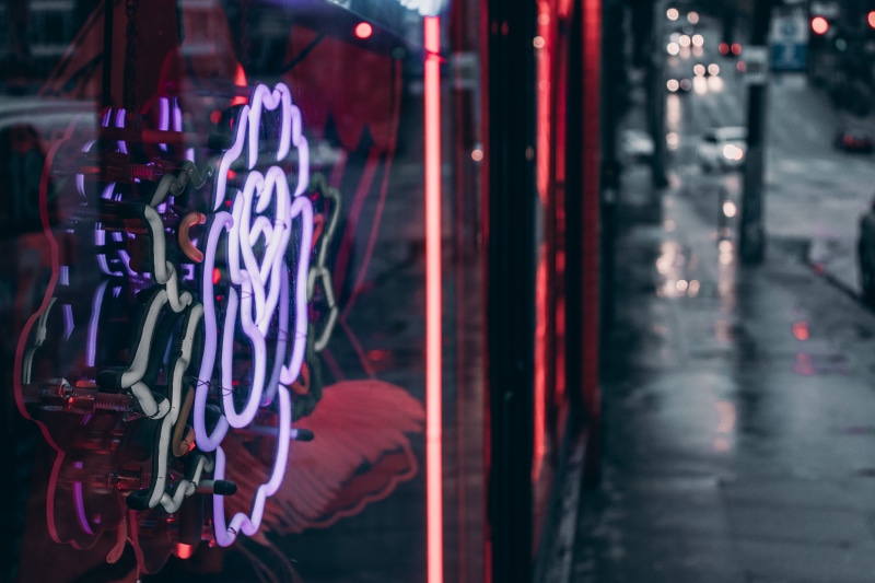 day, communication, neon sign, close-up, united states, focus on foreground, rain, street photography, text, seattle washington, city, rainy, washington