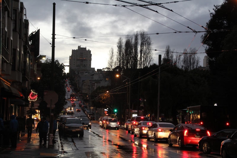 road, lights, night photos, nature, car, building exterior, cloud - sky, north beach, land vehicle, united states, dusk, neon lights, busy, rain, gloomy night