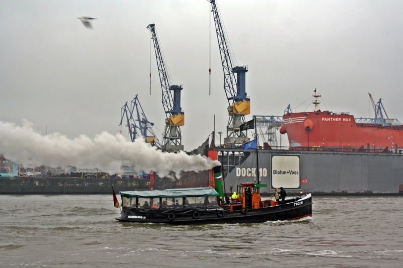 mode of transportation, rainy weather, harbor, smoke, hamburg, no people, sky, nautical Vessel, pollution, container, historical barge, 4K, steamboat