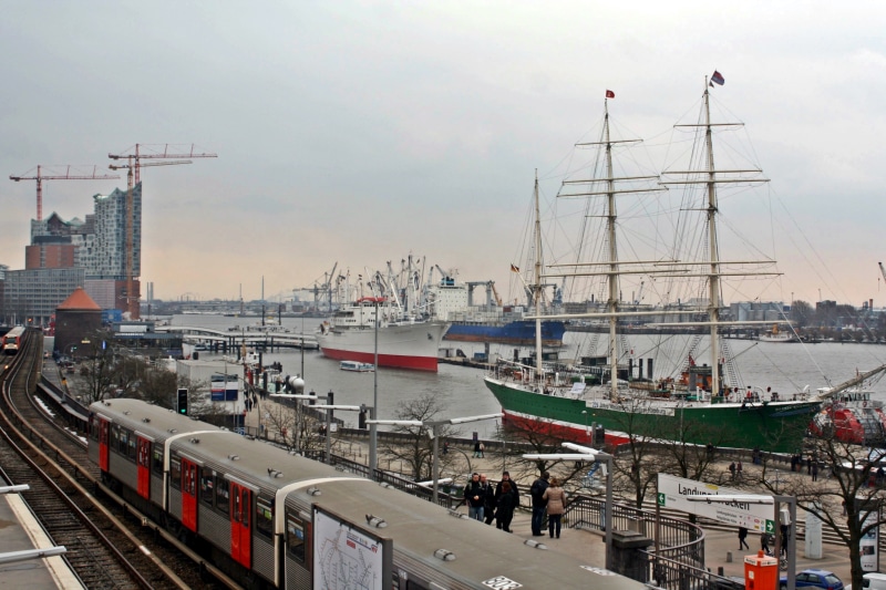 cloud - sky, elbe philharmonic hall, water, transportation, ship, harbor, day, port of hamburg, rainy weather, sailboat, building exterior, sky, mode of transportation