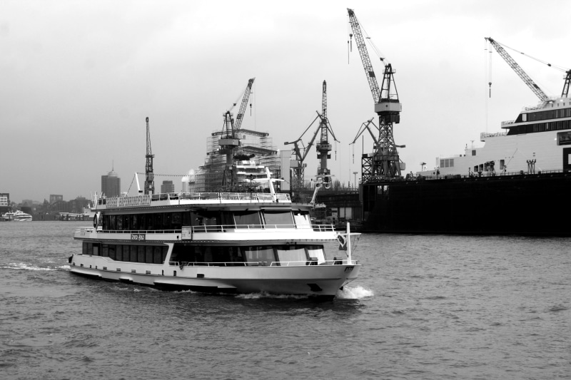 commercial dock, waterfront, water, pier, machinery, no people, business, shipping, transportation, black and white photography, hamburgensien, 4K, industry