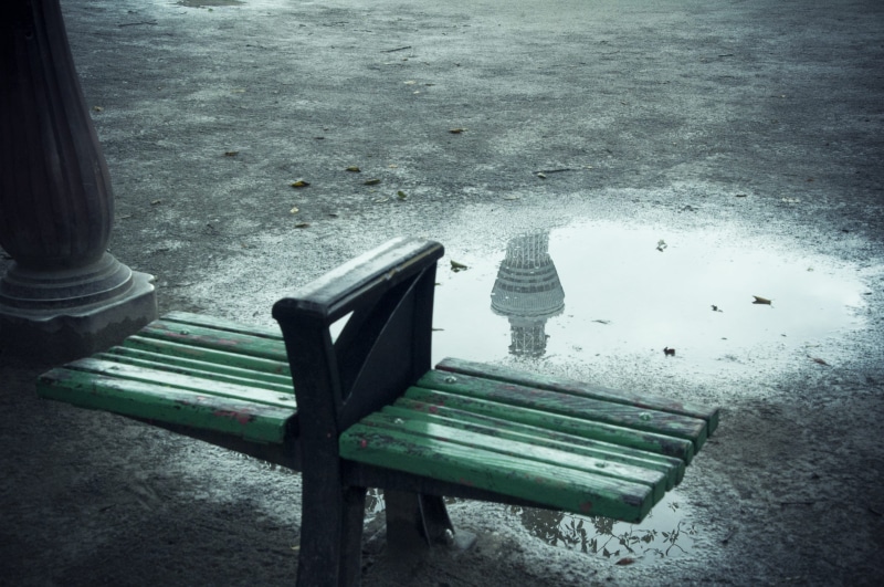 outdoor, rain, reflection, seat, bench, no people, ocean, absence, sumida park, rainy, dark, 4K, puddle, winter, tower, taitō, sea, wood - material, relaxation