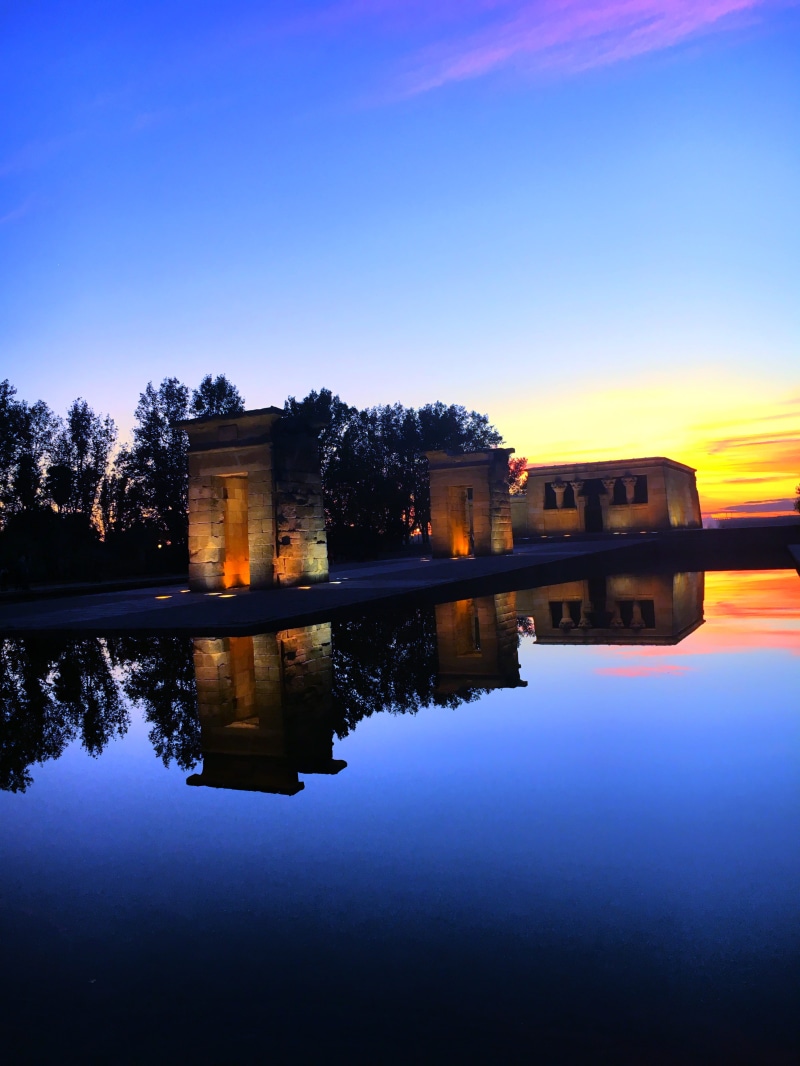 architecture, tree, temple, cielo, beauty in nature, 4K, europa, nature, reflejo, trees, spain, reflection, blue, debod, symmetry, dusk, colors, clear sky