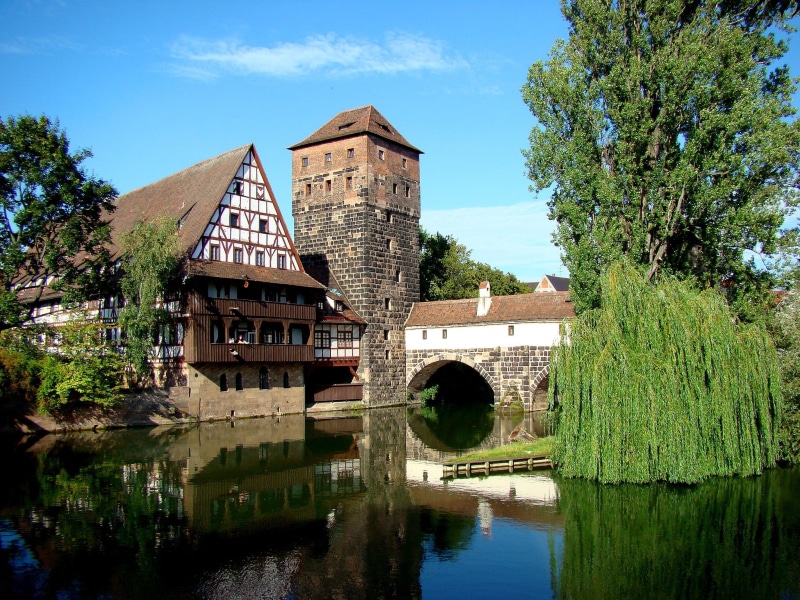 building exterior, close to water, nature, plant, old town, 1080P, tree, reflection, dürer, hangmans bridge, stone bridge, brick, germany, architecture